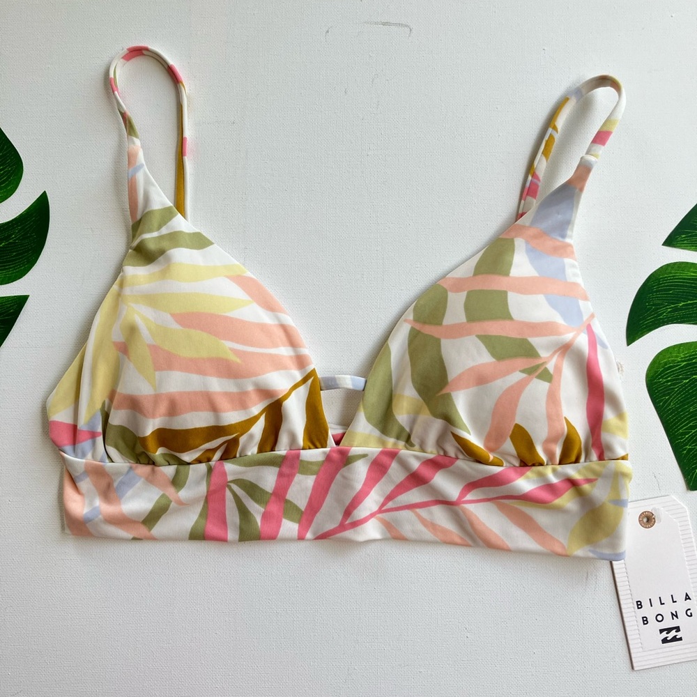 Billabong Pastel Leaf Print Bikini Top - White, Pink, Yellow, Blue, Tan - Picture 3 of 6